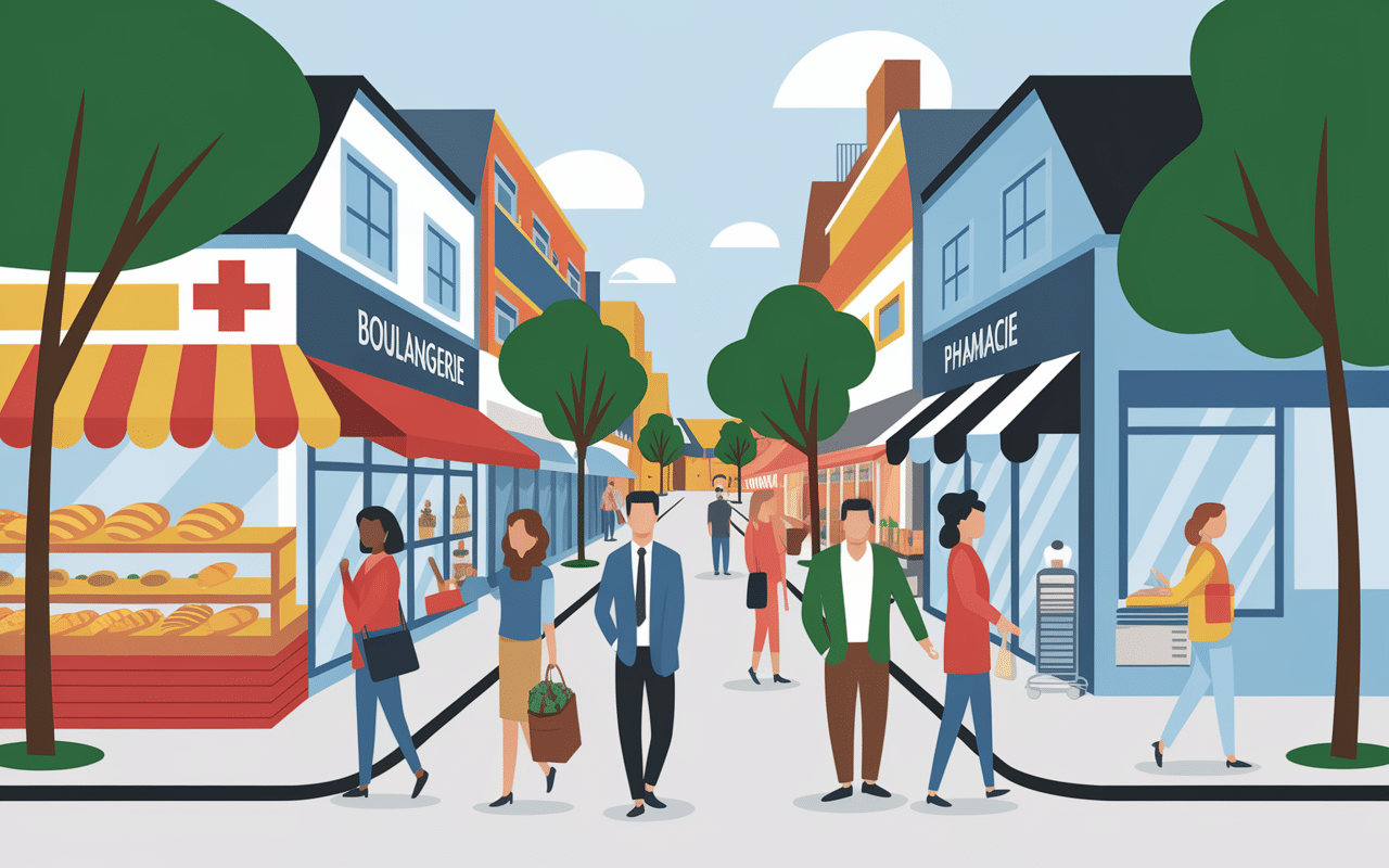 Scène de rue animée du quartier Cinq Avenues