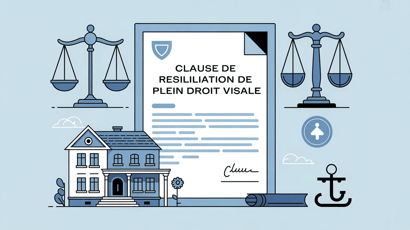 Document stylisé clause de résiliation Visale avec symboles juridiques