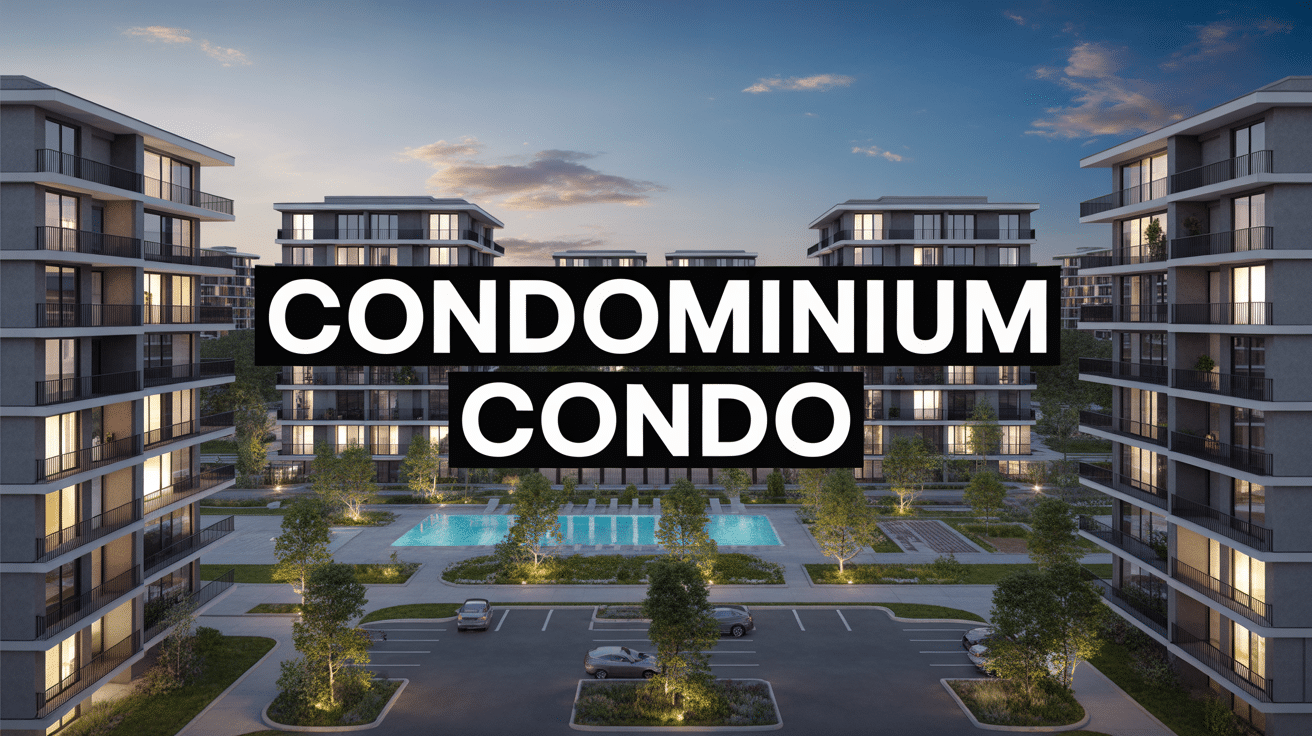 Vue d'ensemble d'un complexe de condominiums avec piscine et espaces verts