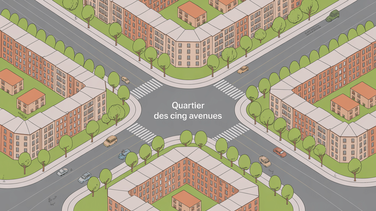 Vue aérienne stylisée des Cinq Avenues à Marseille