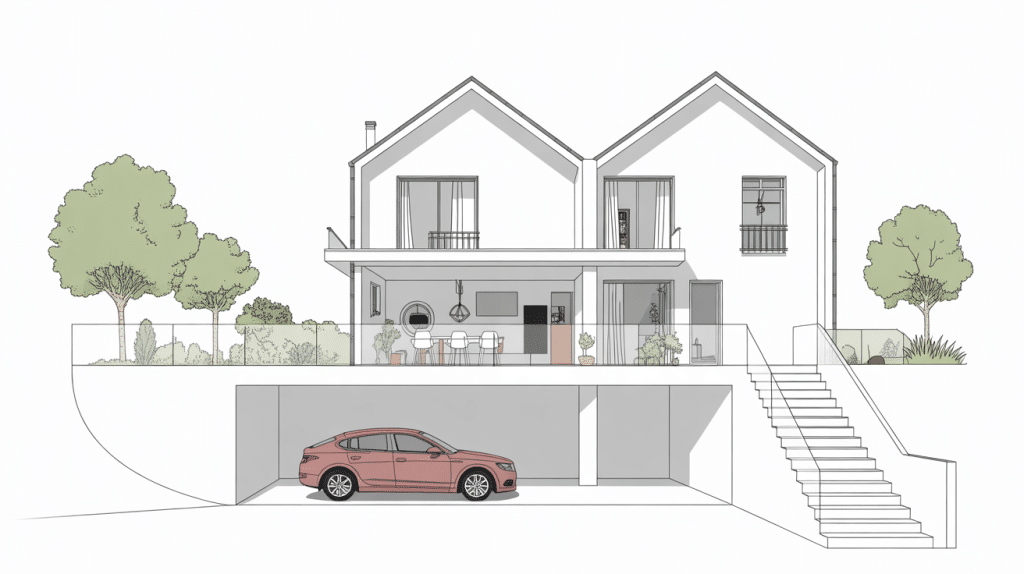 Vue coupe maison avec garage en sous sol moderne