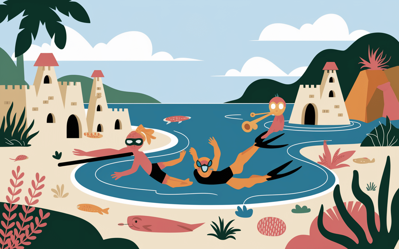 illustration famille snorkeling plage de tenutella sable