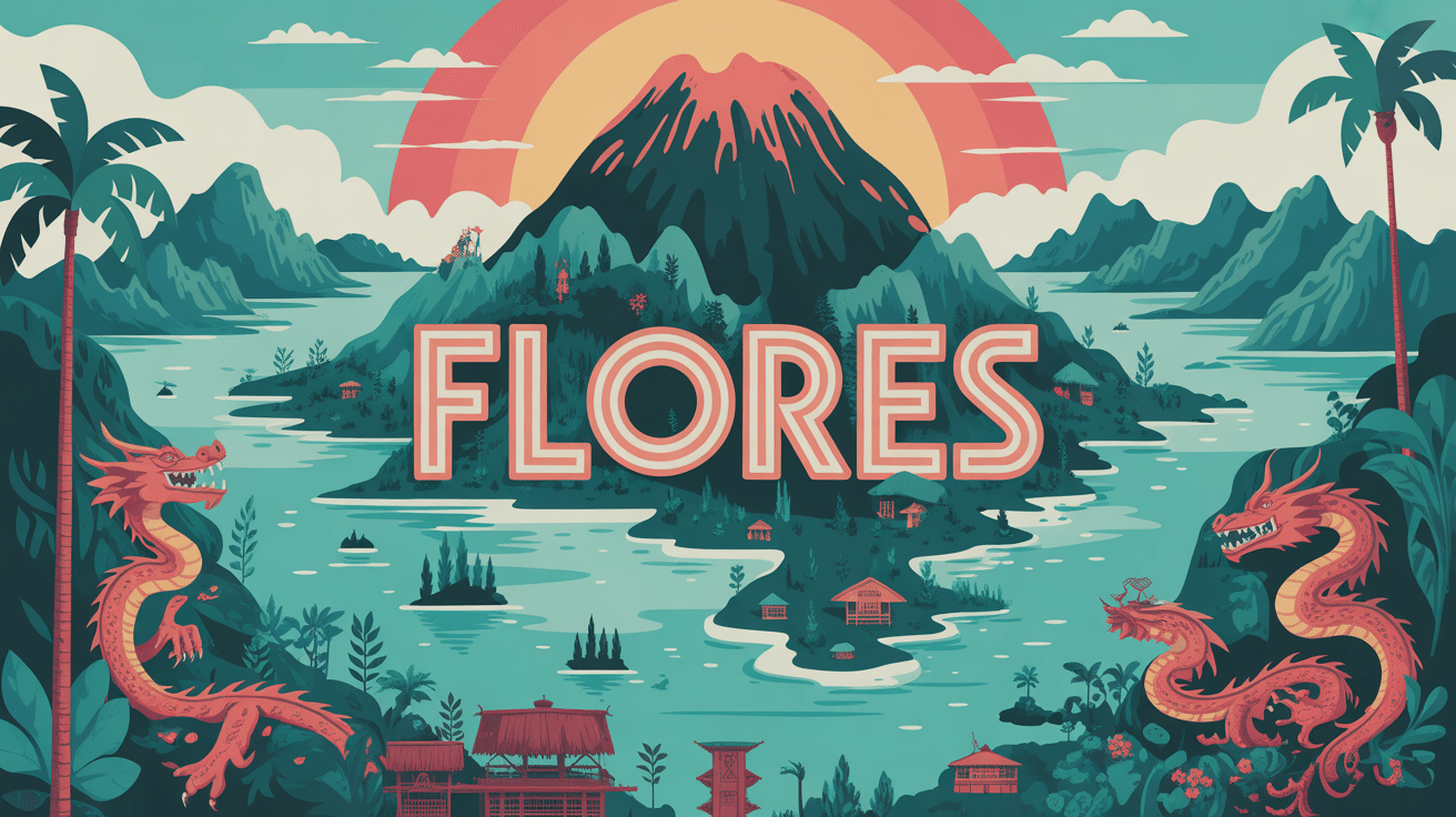 Illustration panoramique île Flores avec volcan, lacs et dragons