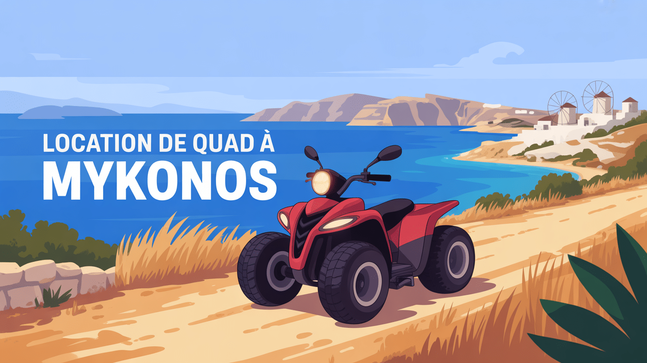 quad rouge sur chemin terre vue mer location quad mykonos
