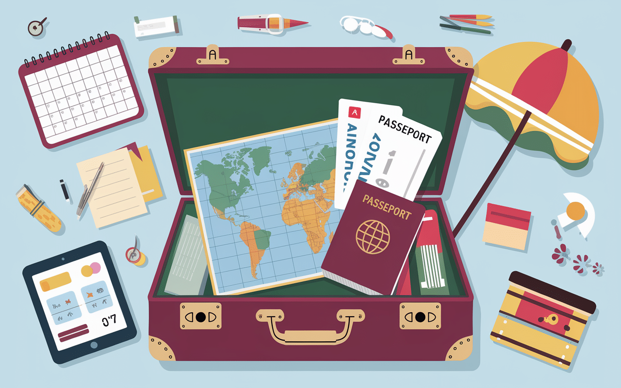 Valise ouverte avec carte Flores et éléments de planification