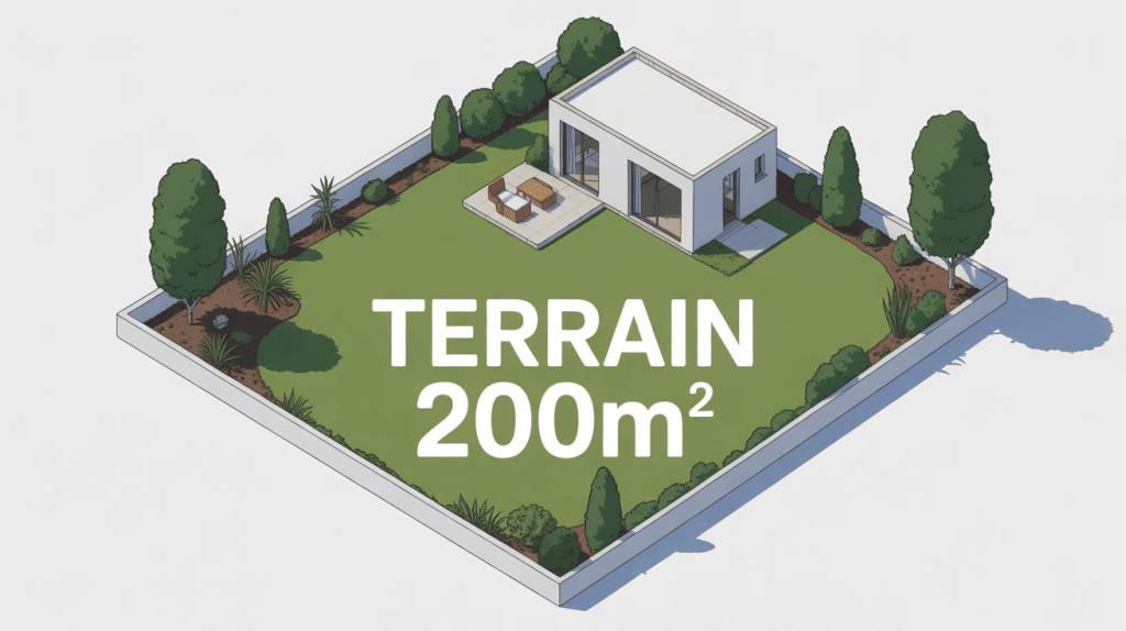 terrain 200m2 stylisé maison compacte et jardin