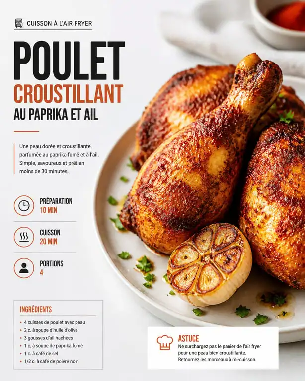 Recette facile air fryer : poulet croustillant au paprika et ail