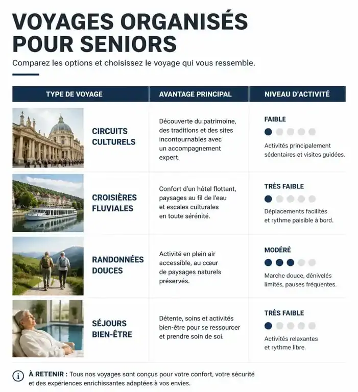 Tableau comparatif des voyages organisés pour personnes seules de 60 ans et plus : circuits, croisières, randonnées et bien-être.