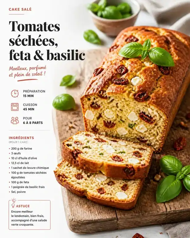 Cake salé moelleux à la tomate séchée, feta et basilic pour un repas froid entre amis