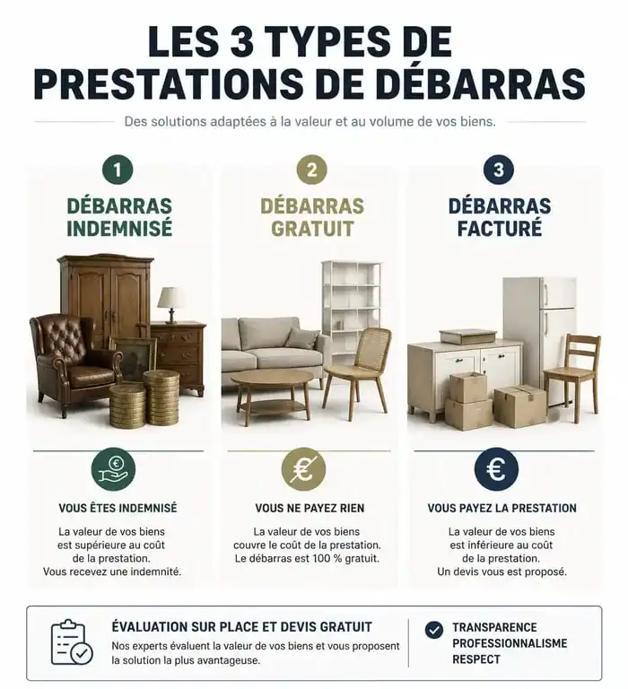 Infographie des options de vidage maison : indemnisé, gratuit ou facturé