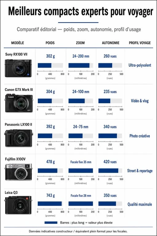 Infographie comparative des meilleur compact expert pour voyager avec les principaux modèles et leurs usages