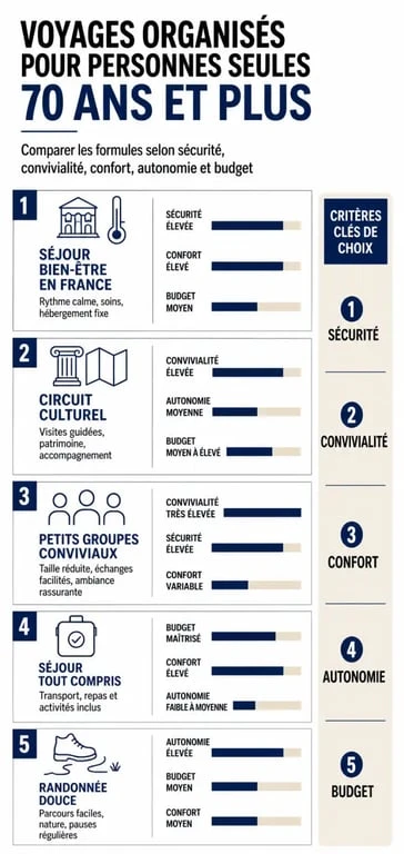 Infographie sur les voyages organisés pour personnes seules 70 ans et plus