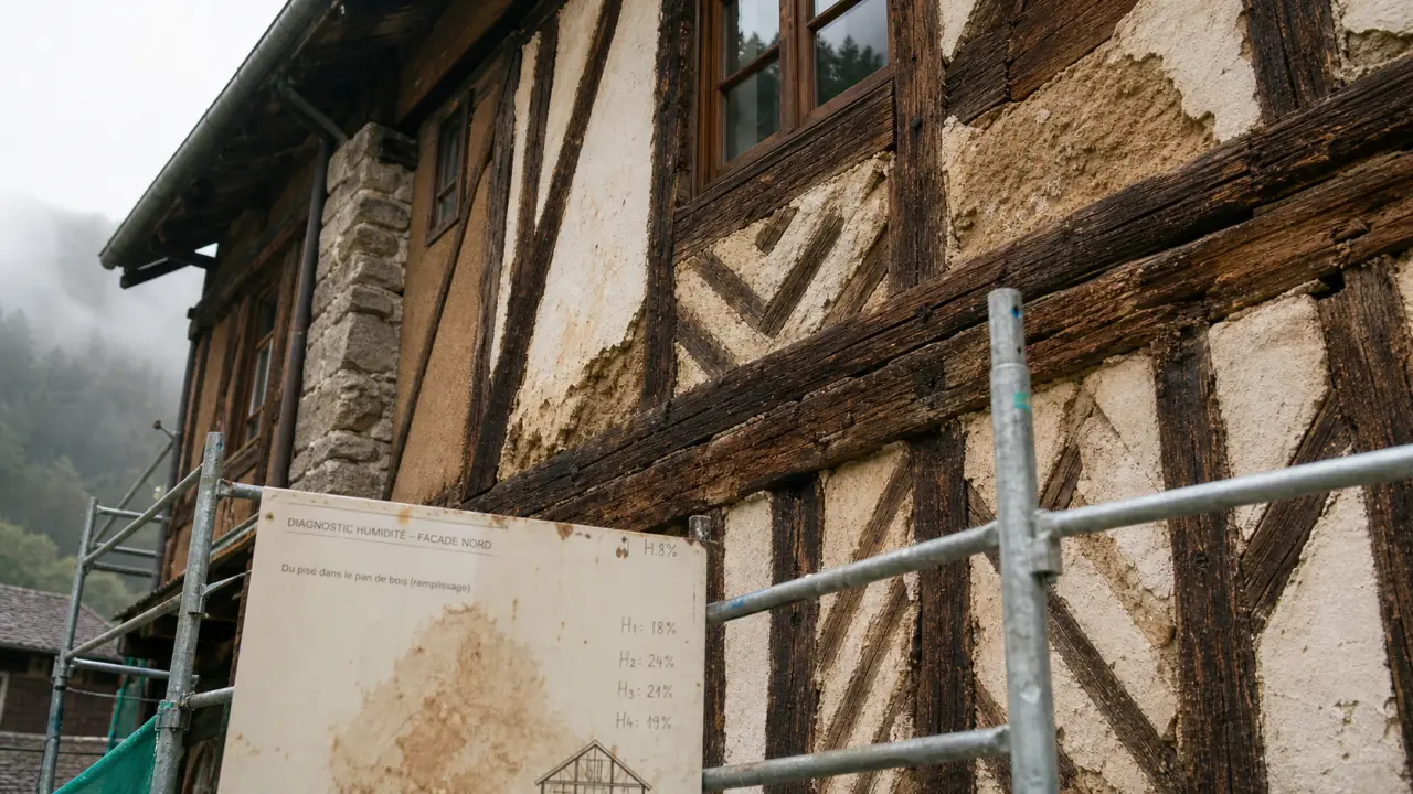 Colombage maison : ossature bois et torchis sur façade ancienne