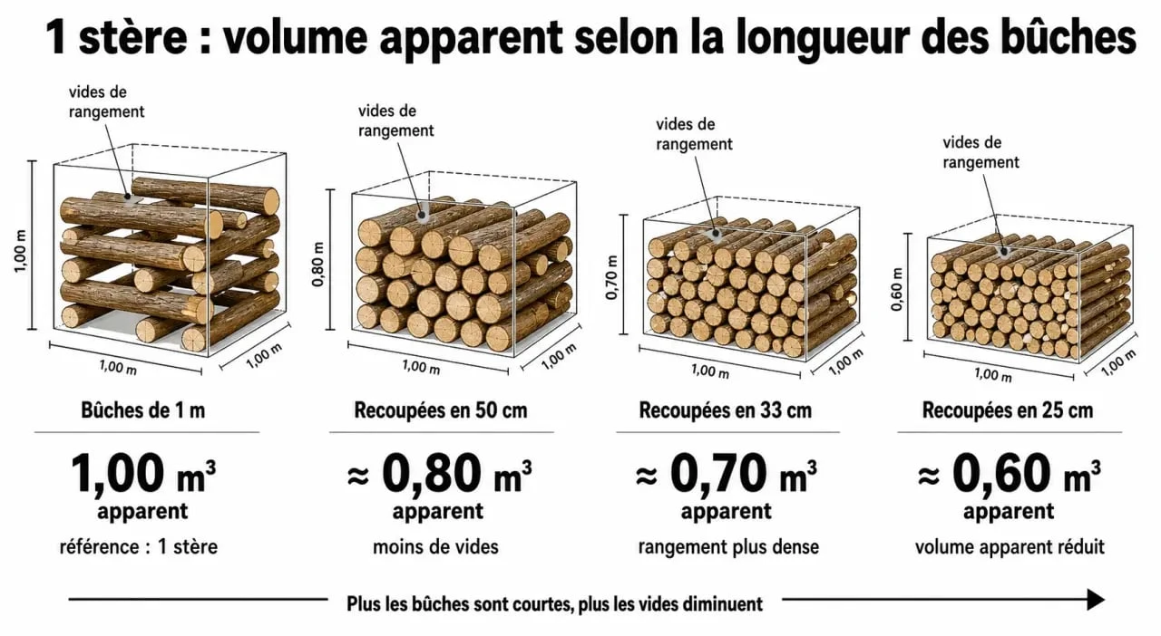 Prix du stere de bois 2025 : différence de volume entre stère d’1 m et bûches recoupées en 25, 33 ou 50 cm