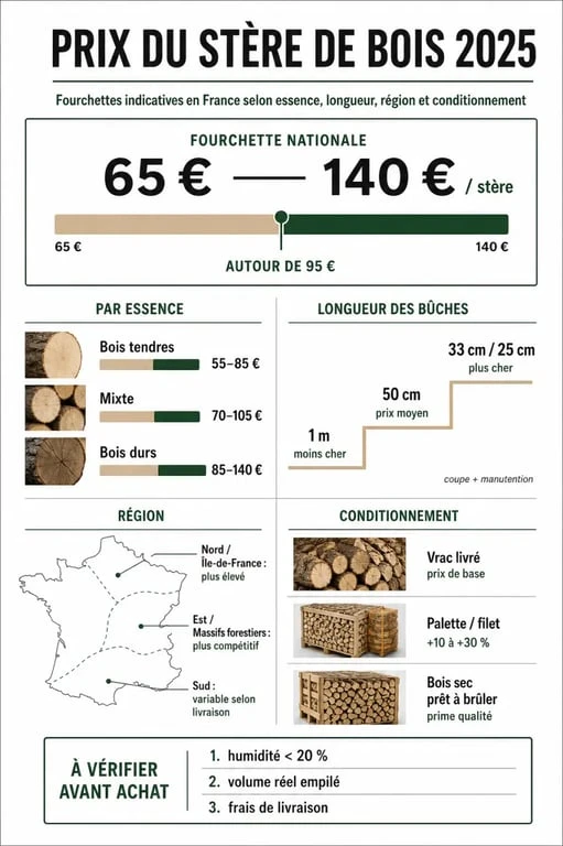 Prix du stere de bois 2025 : fourchettes de prix selon essence, longueur des bûches, région et conditionnement