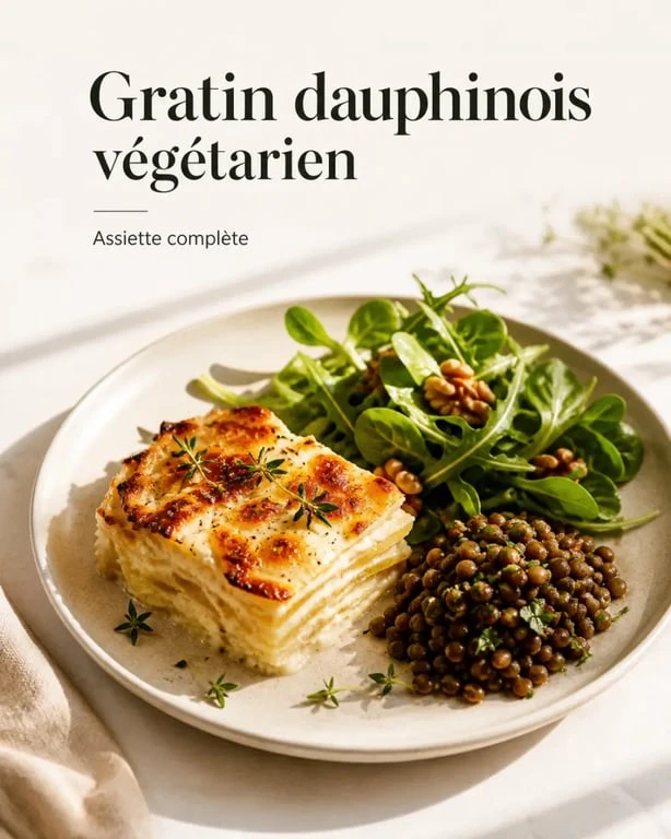 Assiette complète autour d’un gratin dauphinois sans viande avec salade, lentilles et noix