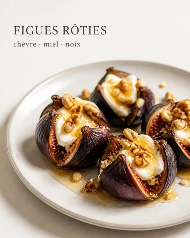15 recettes étonnantes à la figue fraîche : figues rôties au chèvre, miel et noix sur assiette