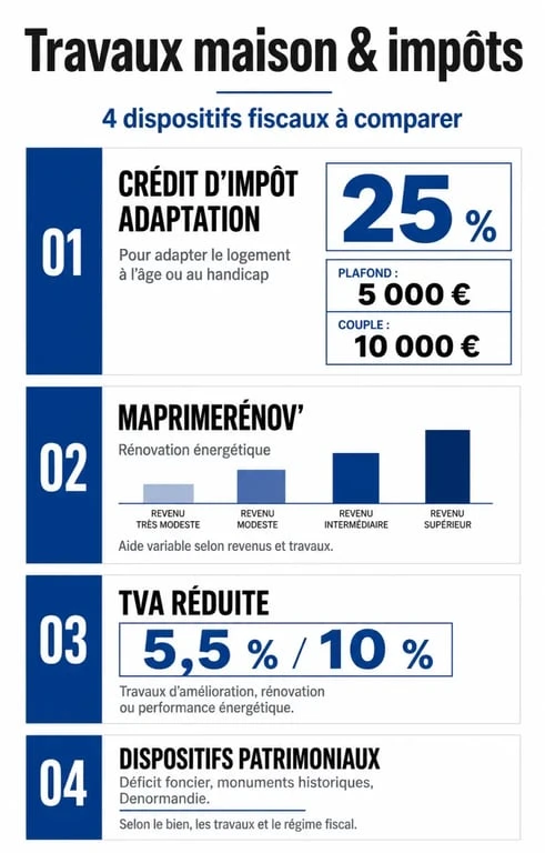 Travaux maison impots : infographie comparant crédit d'impôt, MaPrimeRénov' et TVA réduite