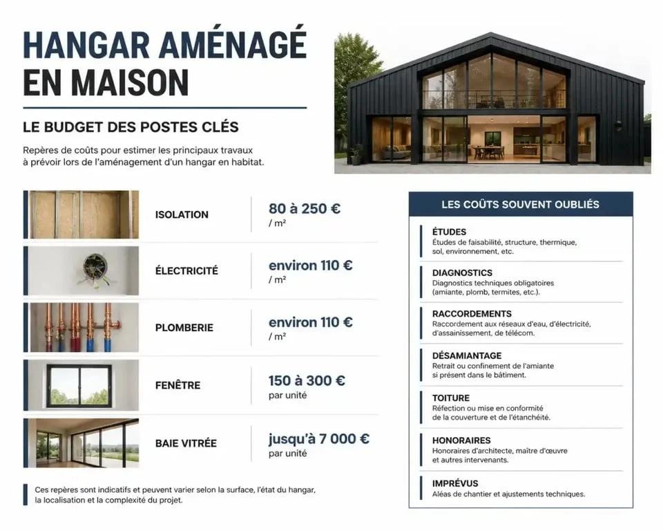 Infographie du budget d’un hangar aménagé en maison avec les principaux coûts de rénovation