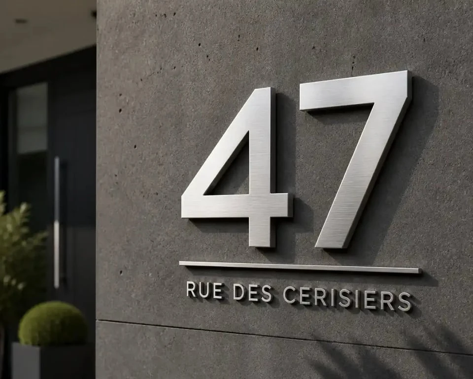 Numéro de maison design en inox brossé sur façade moderne