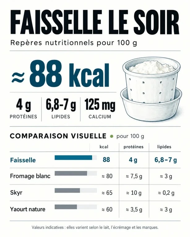 Infographie sur manger de la faisselle le soir et comparaison nutritionnelle avec le fromage blanc, le skyr et le yaourt