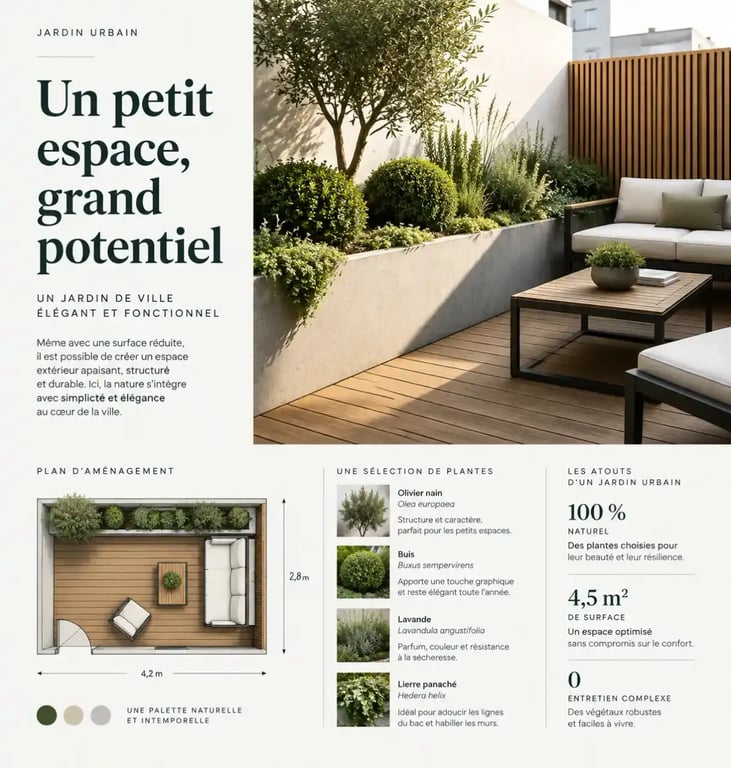 Aménager un jardin urbain pour valoriser son bien immobilier avec une terrasse en bois et des plantes structurées