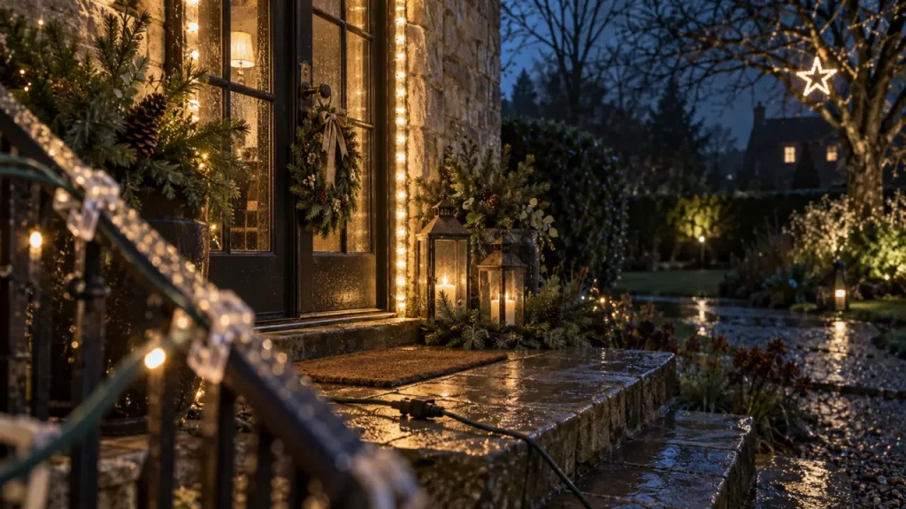 Décoration de Noël extérieure : une entrée lumineuse sans surcharger la façade
