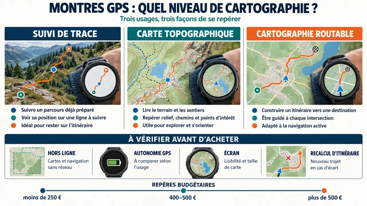 Infographie comparative sur le meilleur montre GPS avec cartographie : trace, carte topographique, guidage routable et autonomie