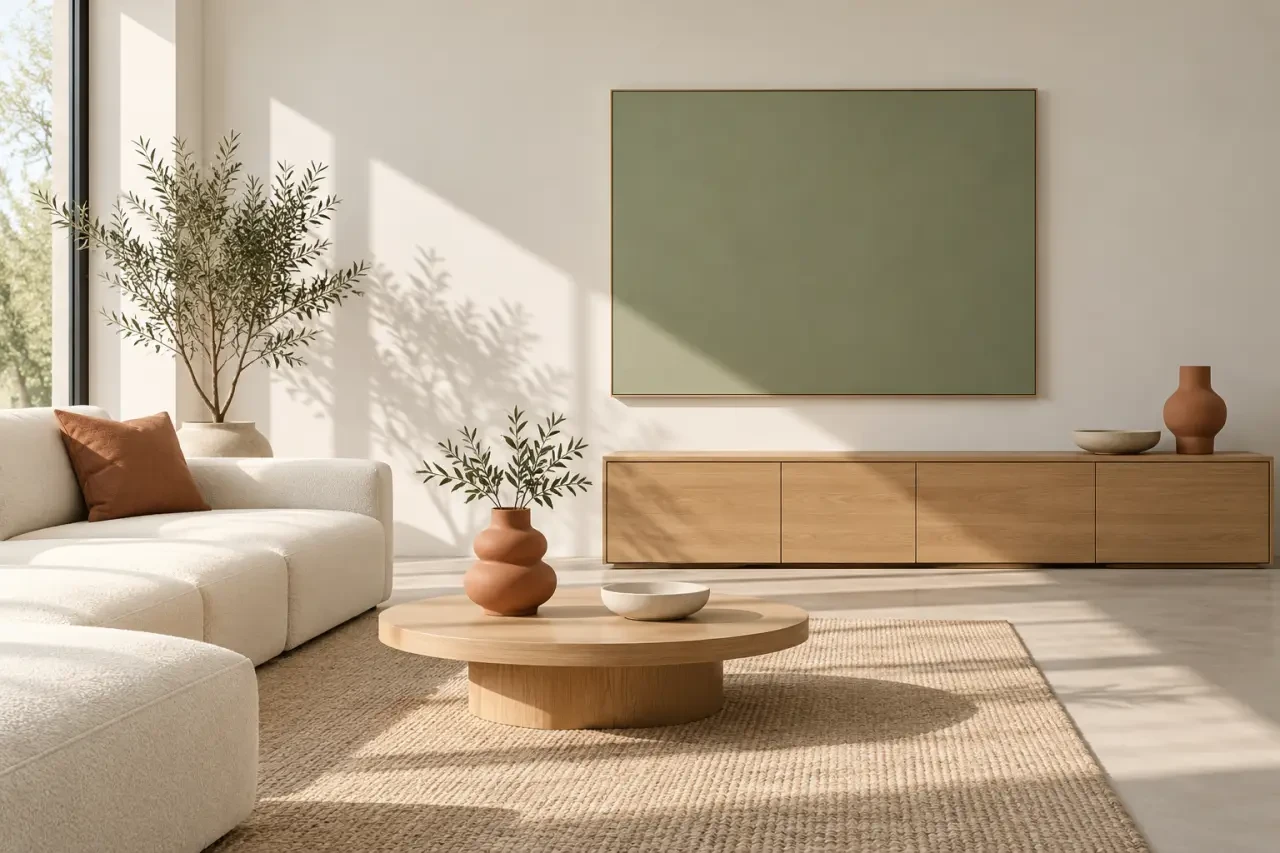 Décoration murale vert sauge dans un salon avec tableau, bois clair et touches de terre cuite